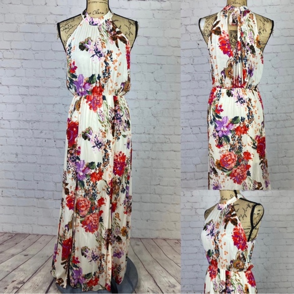 Staccato Floral Print Choker Neck Back Ties Maxi